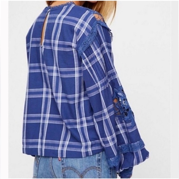 Free People Darling Diane Plaid Balloon Sleeve Lace Top w Measurements! Size M - Picture 9 of 13